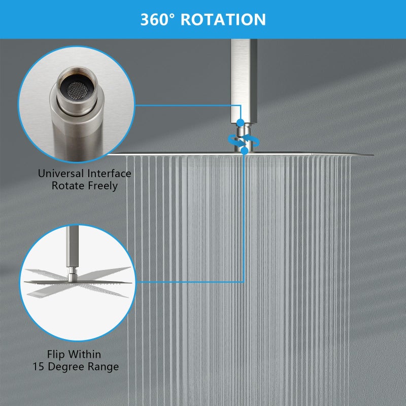 Lordear Rain Shower Head 12 Inch Solid Ultra Thin 304 Stainless Steel Adjustable Square Rainfall Shower Head Full Body Coverage with Silicone Nozzle 12â€ Waterfall Showerhead,Brushed Nickel - Image 4